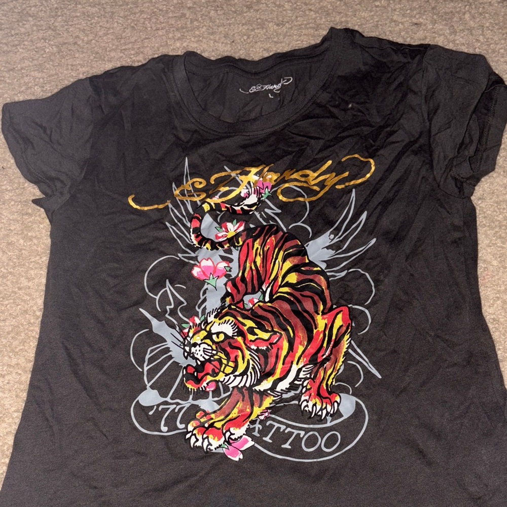 Ed Hardy Black Tee with Tiger and Floral Design